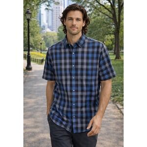 Calvin Klein Blue Plaid Short Sleeve Button Down Shirt Men's Small